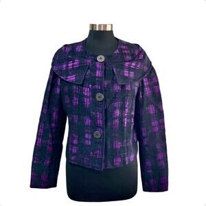 Samuel Dong Violet Shimmer Black Plaid Cropped Blazer Shawl Collar Sz XL